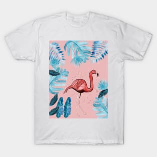 Flamingo with tropical leaves and a coral background T-Shirt